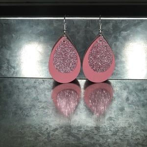 2” Tear Drop Faux Leather & Glitter Earrings